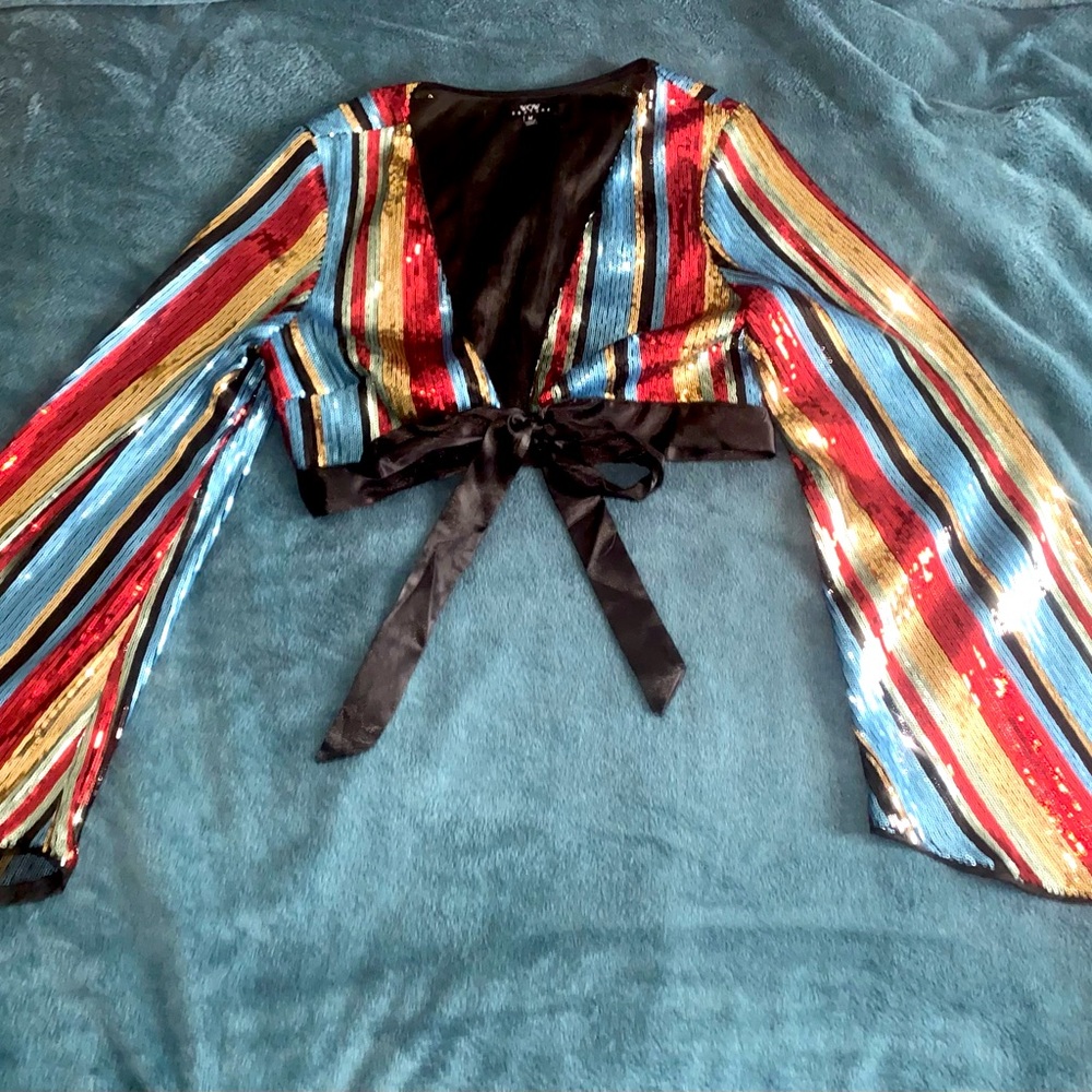 Sequin Bell Sleeve Multi Color Crop Top with Adjustable Tie. Size M, fits like S